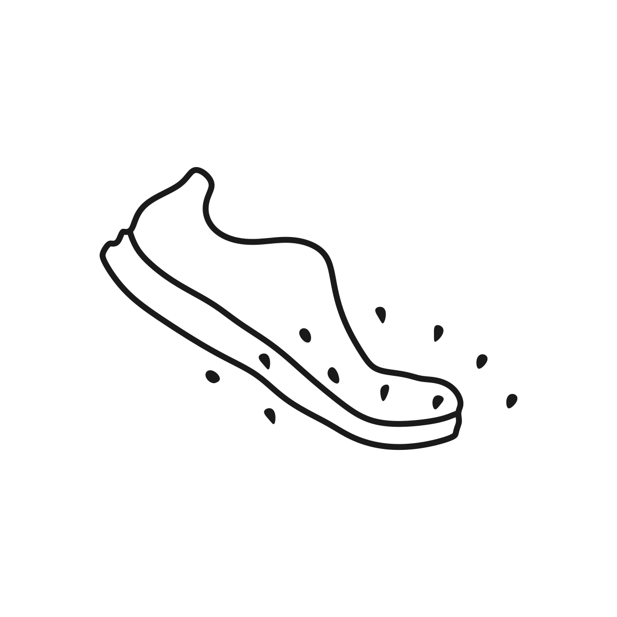 A minimalist black line art icon of a sneaker or trainer landing and splashes of water or mud rising from the impact on a solid white background.